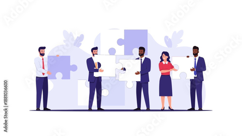 Diverse business team assembling puzzle pieces for teamwork and collaboration