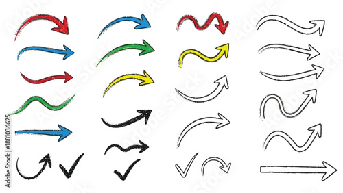 Collection of colorful hand drawn arrows in various shapes and directions