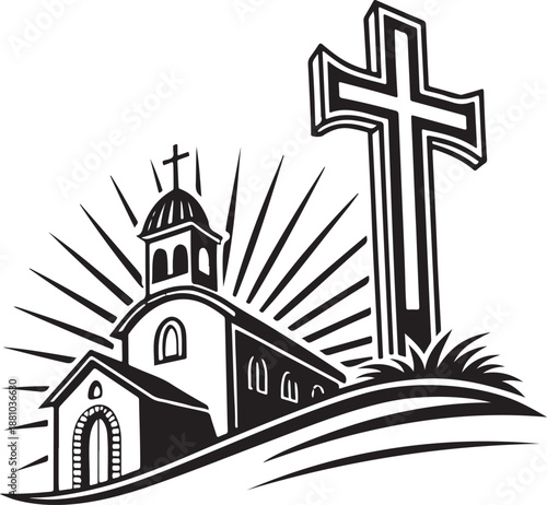 Premium Black Silhouette Christian Cross Vector with Radiating Light Minimal Religious Design Isolated for Church Branding Use