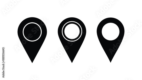 Three black location pin icons displayed in a row on a white background