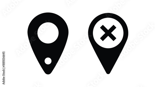 Two black location pin icons one with a circle and one with an x