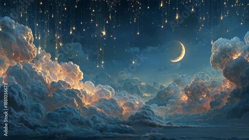 Magical night sky with falling stars and glowing clouds ideal for fantasy backgrounds and dreamy storytelling.
