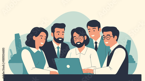 Diverse business team collaborating on laptop, office meeting illustration