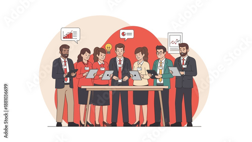 Diverse business team collaborating with tablets and charts