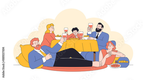 A group of friends enjoying a casual dinner party with wine and food in a relaxed atmosphere