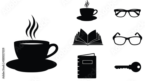 A collection of simple black icons coffee books glasses and a key