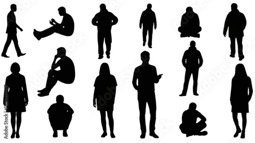 Vector Architectural Human Scale Silhouettes Featuring Walking and Standing Figures in Solid Black