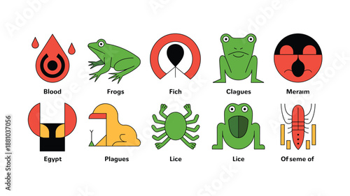A vector graphic illustration of ten biblical plagues icons in a flat minimal design style