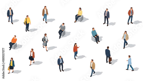 Isometric Vector People Set Featuring Walking and Sitting Figures with Shadows for Architectural Diagrams