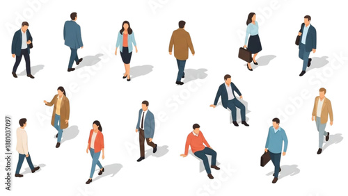Isometric Vector People Set Featuring Walking and Sitting Figures with Shadows for Architectural Diagrams