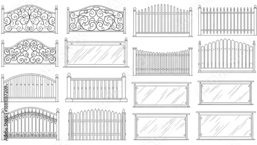 Vector Architectural Fence and Railing Elevation Set Featuring Wrought Iron and Glass Designs