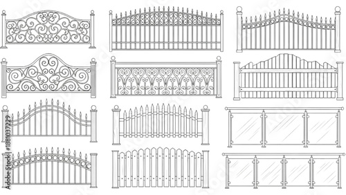Vector Architectural Fence and Railing Elevation Set Featuring Wrought Iron and Glass Designs
