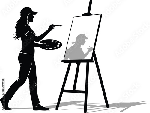 Silhouette of a female artist painting on a canvas easel with a palette and brush representing creativity, art, and inspiration