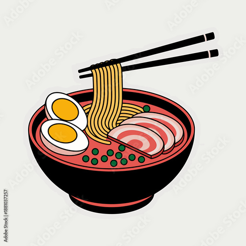 Illustrated Bowl of Ramen Noodles with Egg and Chopsticks