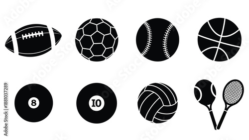 A collection of various sports balls and equipment in a black and white design