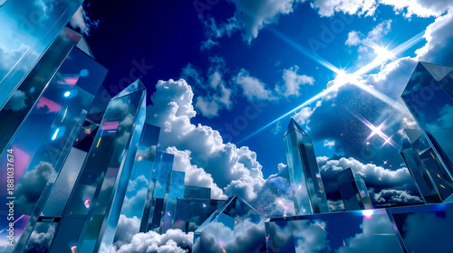 A group of glass skyscrapers in the sky with clouds and stars