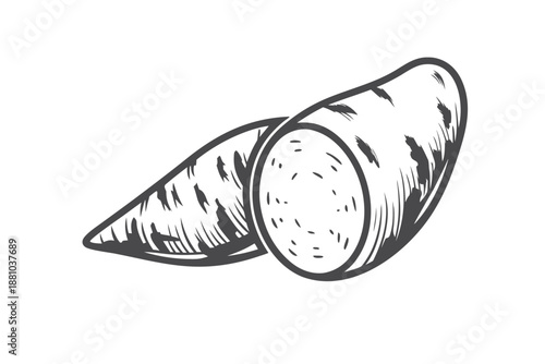 Sweet potato slice cut open, displaying its intricate internal texture and black and orange pattern