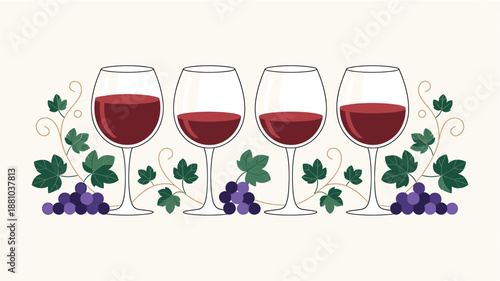 A vector graphic illustration of four wine glasses surrounded by grapes and leaves on a cream background