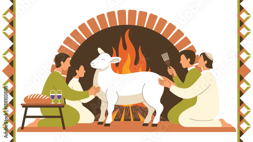 A vector graphic illustration of a family gathered around a fireplace with a lamb for a traditional holiday meal
