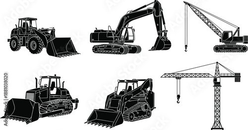 Construction Heavy Machinery Silhouette Set with Excavator, Bulldozer, Loader and Crane Equipment Vector Illustration