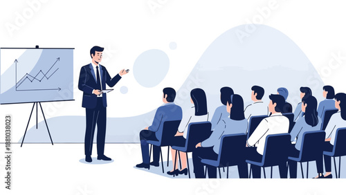 Business meeting with presentation, speaker explaining graph to audience