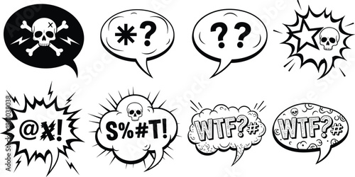 Comic Speech Bubble Swear Icons Set Featuring Skull, WTF, Censored Symbols and Angry Expression Vector Illustration Pack