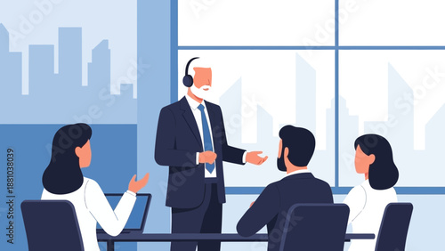 Business Meeting with Senior Leader and Team in Modern Office