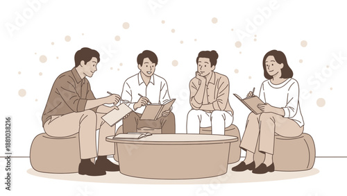 Diverse group of people in a casual meeting, discussing ideas and taking notes.