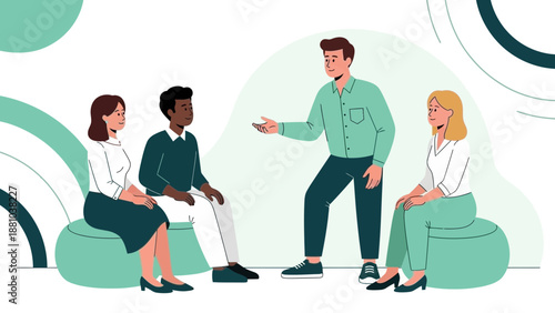 Diverse group of people in a casual meeting, discussing ideas with a leader.