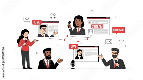 Diverse people in a virtual conference call, live streaming and online communication