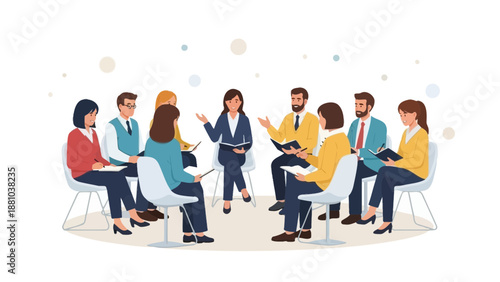 Diverse group of people in a circle discussing ideas in a meeting