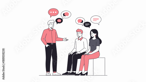 Diverse people in conversation, communication, teamwork, discussion, ideas