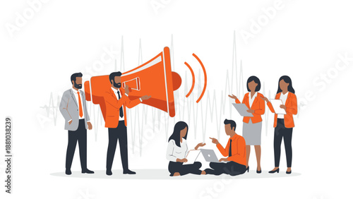 Diverse Team Announcing Ideas with Megaphone and Sound Waves
