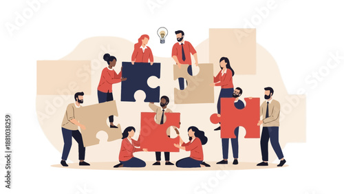 Diverse Team Assembling Puzzle Pieces, Collaboration and Teamwork Concept