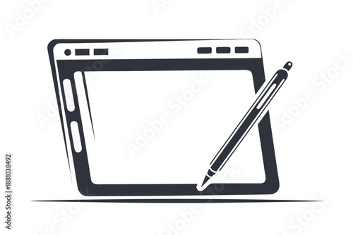 Simple silhouette of a digital tablet with stylus in black and white
