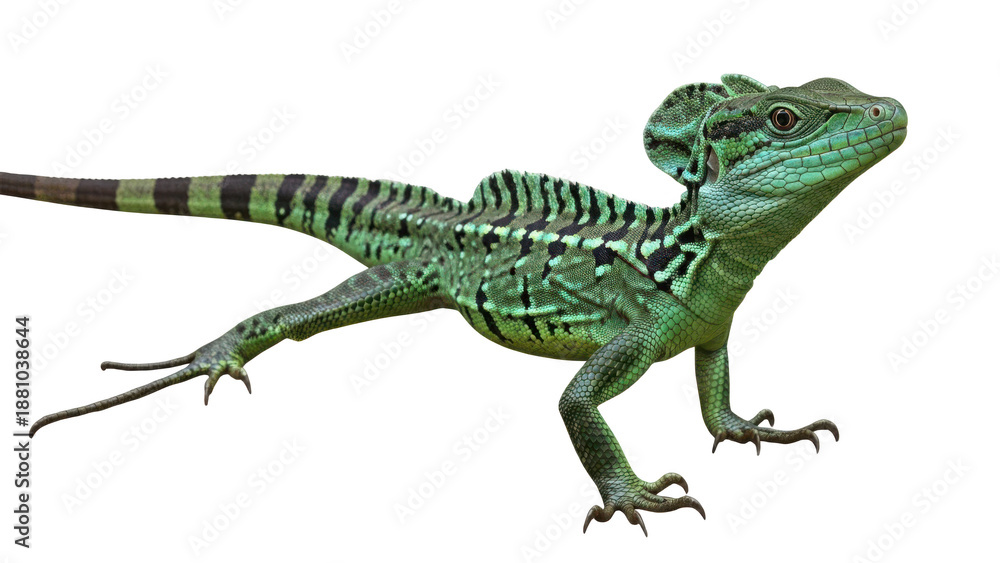 Fototapeta premium A vibrant green lizard with black stripes is standing on a transparent background, showcasing its unique scales and claws.