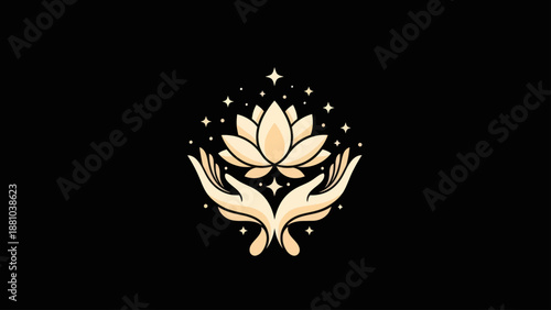 Lotus flower held by hands, surrounded by stars
