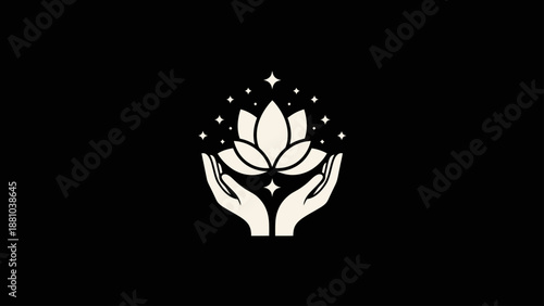 Lotus flower held by hands with stars graphic