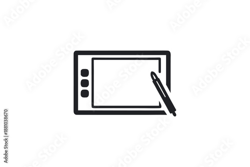 Clean black and white silhouette graphic of a tablet and stylus for design