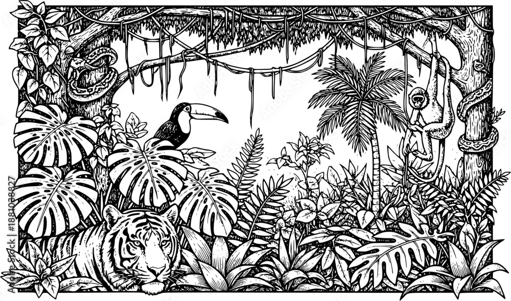 Fototapeta Tiger in Tropical Jungle Line Art Illustration with Exotic Animals for Editorial Artwork, Educational Illustration, Poster Design, Book Illustration, and Nature-Themed Visual Use