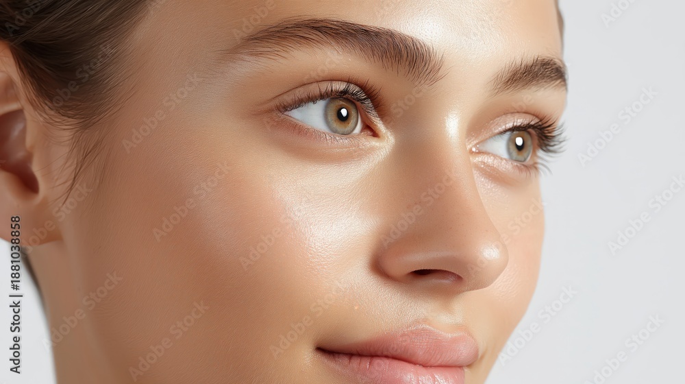 Fototapeta premium Close-up beauty portrait of woman with natural glowing skin on clean white background.