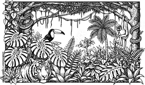 Tiger in Tropical Jungle Line Art Illustration with Exotic Animals for Editorial Artwork, Educational Illustration, Poster Design, Book Illustration, and Nature-Themed Visual Use