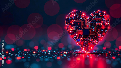 Futuristic valentine concept with glowing circuit board heart for technology-themed designs
