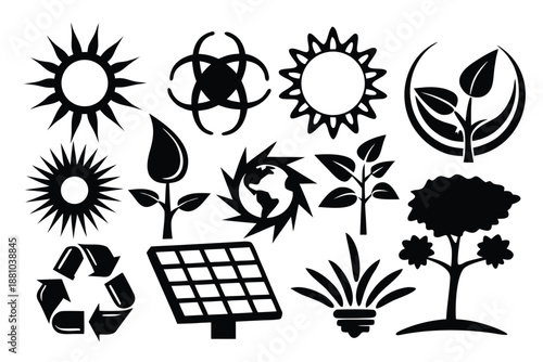 Vector Line Icons: Solar Panel, Recycling, and Sustainable Energy Concepts