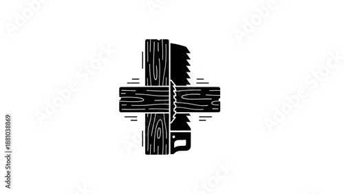 Saw cutting through wooden beams forming a cross