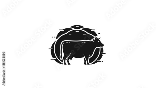 Black cow illustration inside a circular graphic element