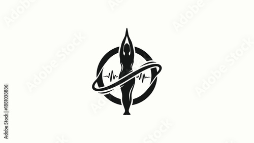 Yoga pose with heartbeat wave and circle logo