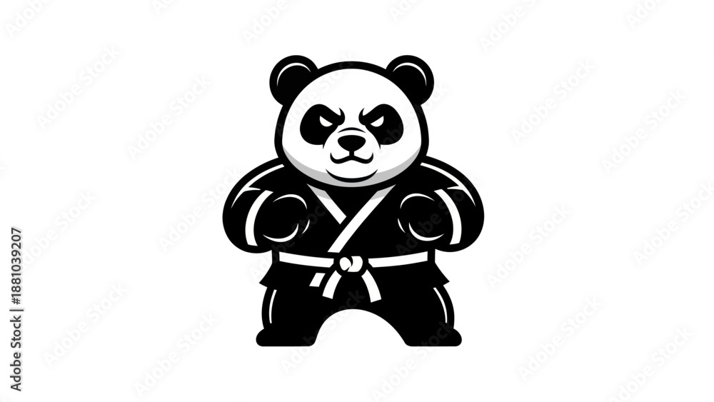 Obraz premium Cartoon panda bear in martial arts uniform ready for action on white backdrop