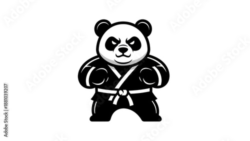 Cartoon panda bear in martial arts uniform ready for action on white backdrop