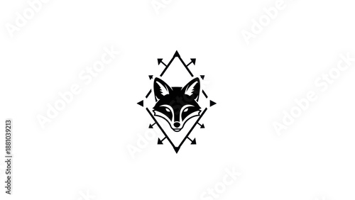 Black fox head in geometric rhombus frame with arrows